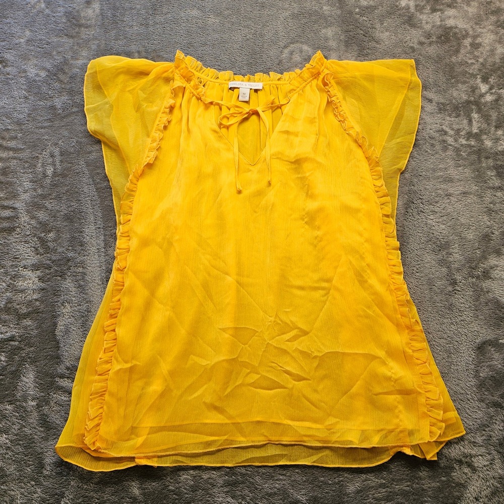 Yellow Ruffle Flutter Tie Neck Chiffon Sleeveless Top M Coquette Cottagecore